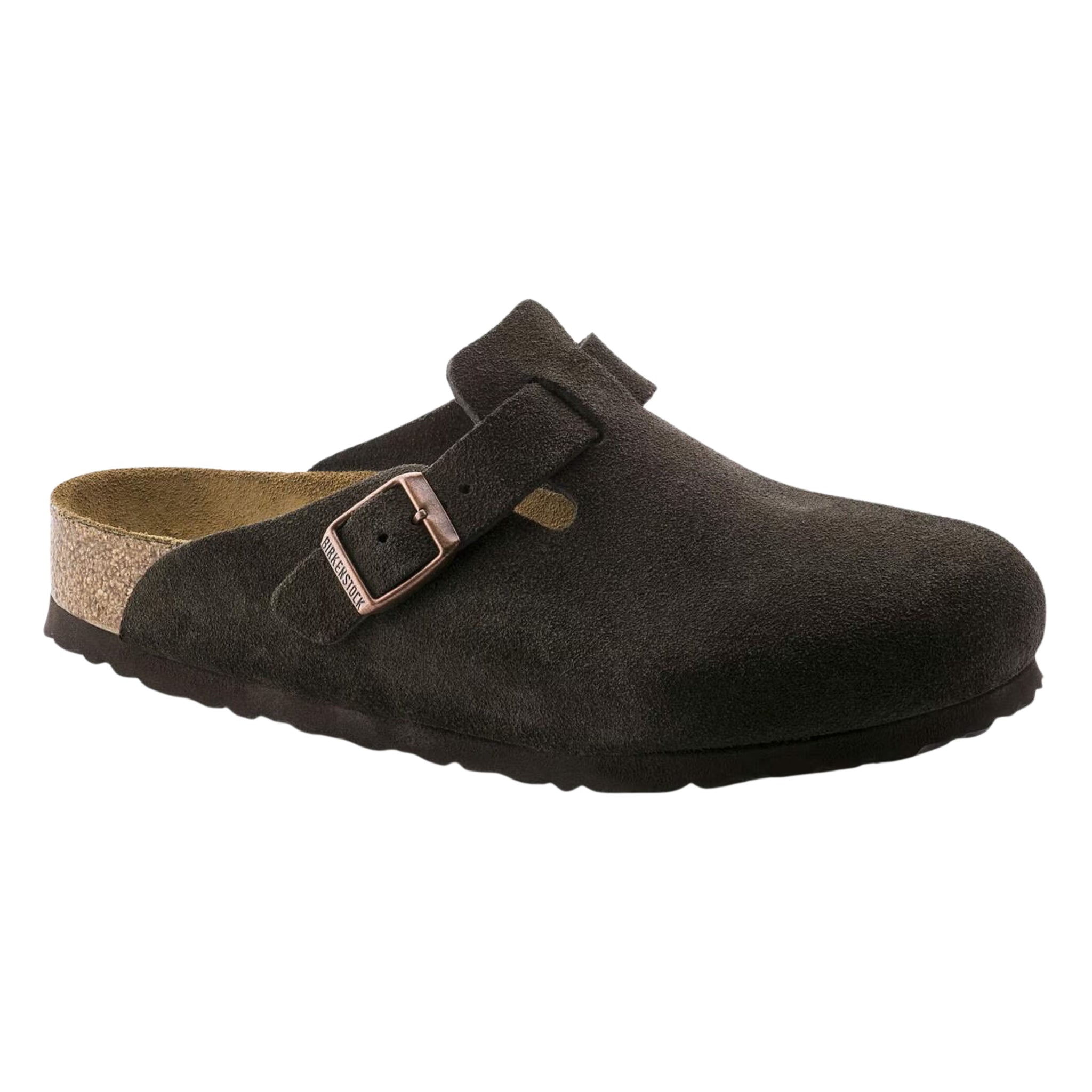Zoccolo Boston Birkenstock in camoscio marrone scuro con fibbia regolabile