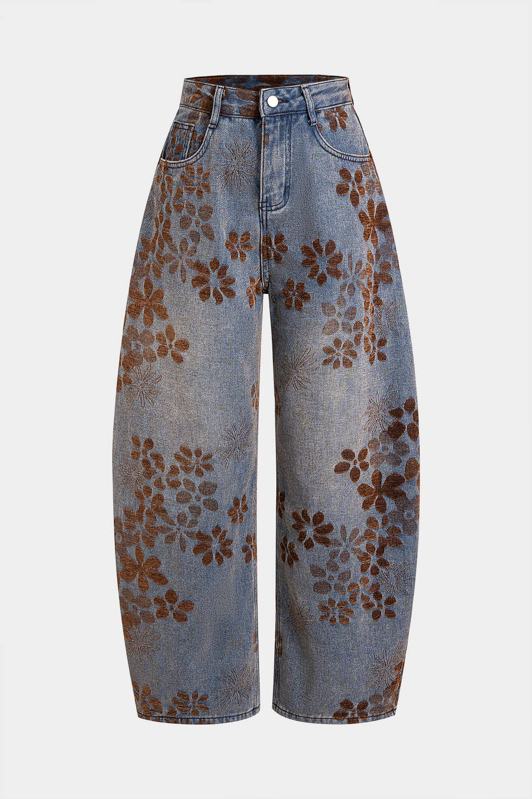 Jeans Baggy a Vita Alta con Stampa Floreale