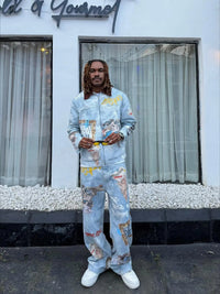 Giacca Effetto Vissuto con Grafica in Denim 'Artistic Patches' — Vista 12