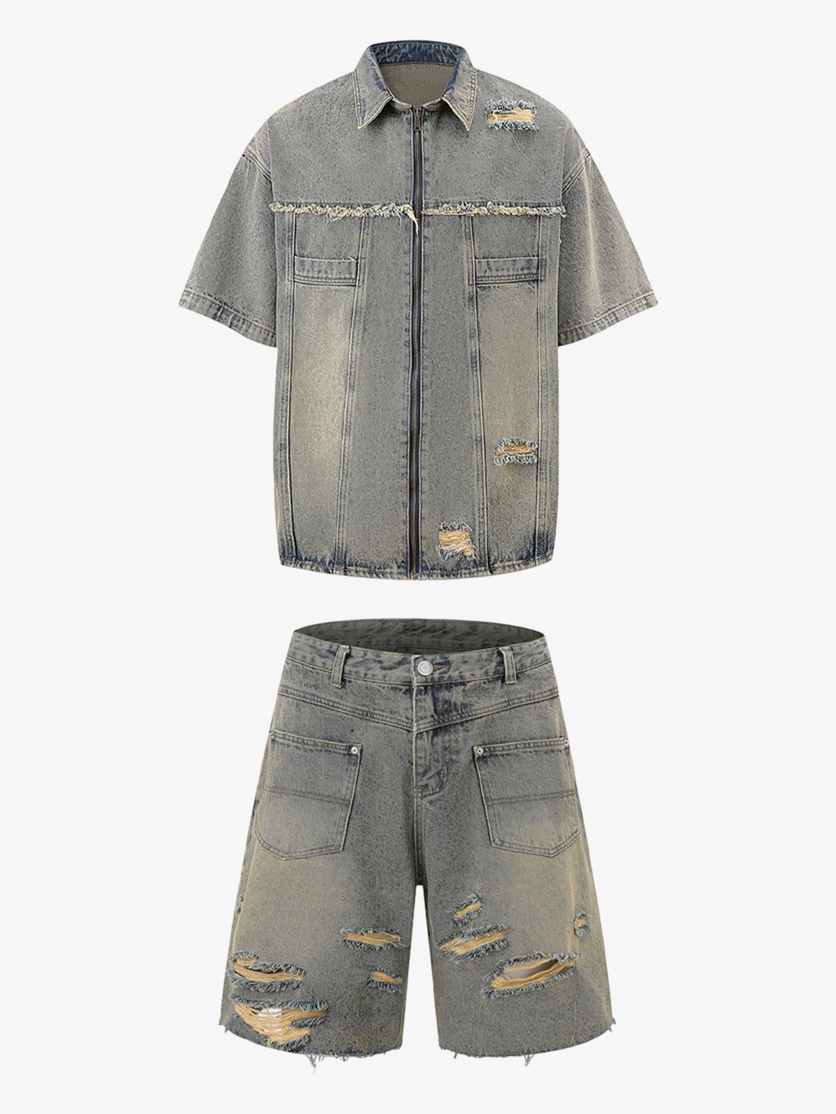 Completo in Denim Effetto Vissuto con Strappi