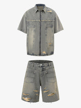 Completo in Denim Effetto Vissuto con Strappi