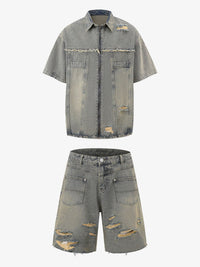 Completo in Denim Effetto Vissuto con Strappi