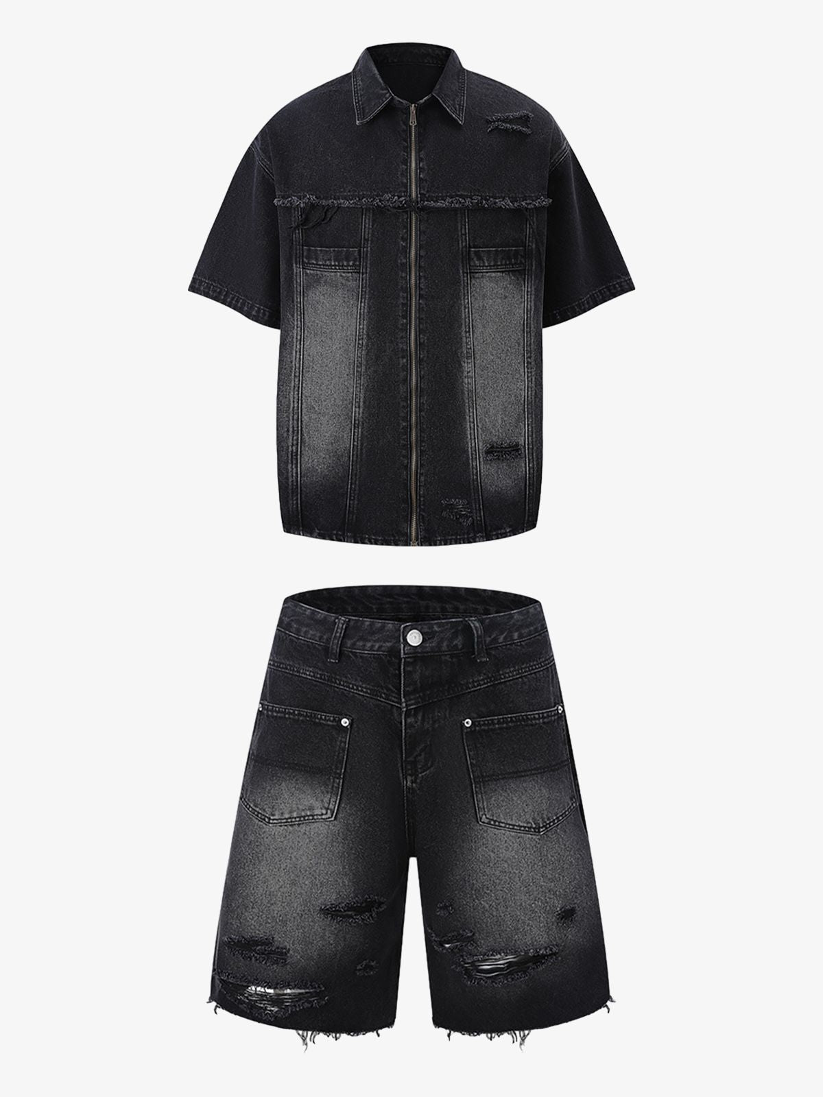 Completo in Denim Effetto Vissuto con Strappi — Vista 2