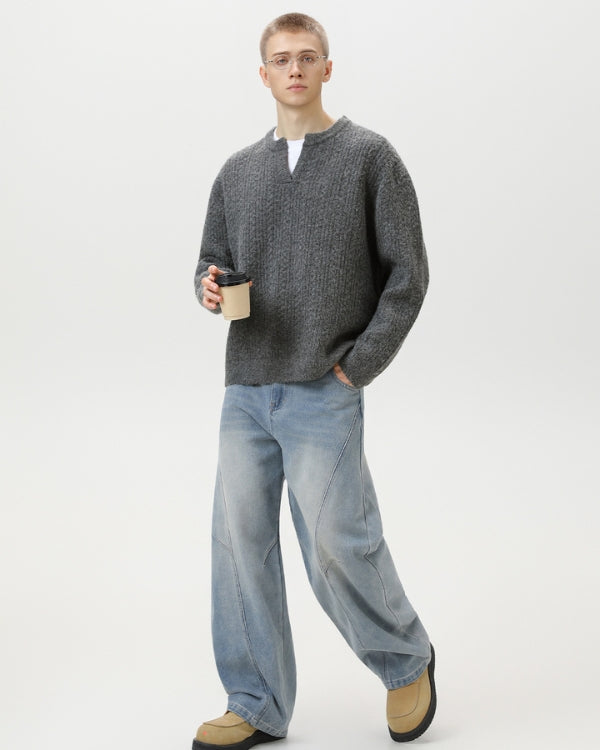 Maglione Cable Knit con Scollo a V Spezzato