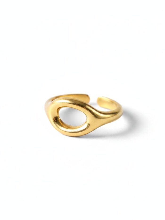 Anello minimalista ovale aperto in acciaio oro con centro vuoto e gambo regolabile