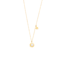 Collana Aurora in acciaio inox dorato con pendente a sole di cristalli e charm a stella, su sfondo bianco