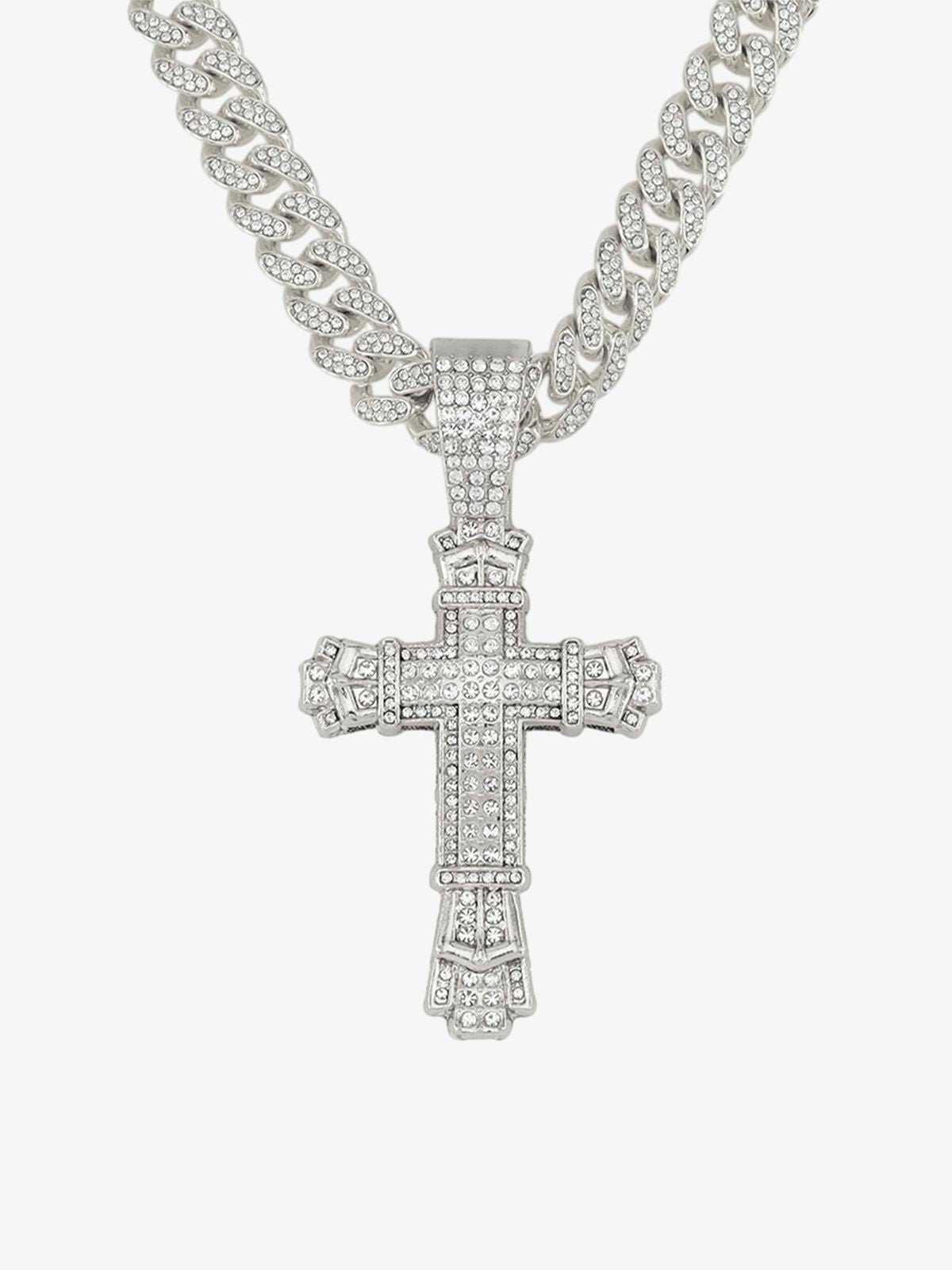 Collana con croce high street color argento iced out, con catena a maglia cubana decorata e pendente a croce