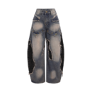 Jeans Baggy Patchwork con Strappi - Grigio