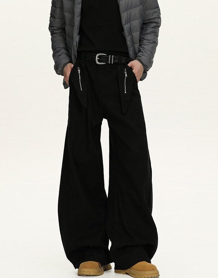 Jeans utility con zip neri da uomo con tasche verticali con zip, cintura e stivaletti color miele