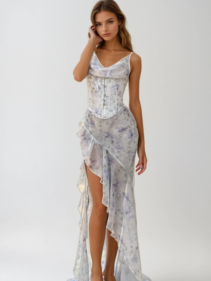 Modella con abito lungo a fiori, scollo drappeggiato, corpetto e spacco con balze