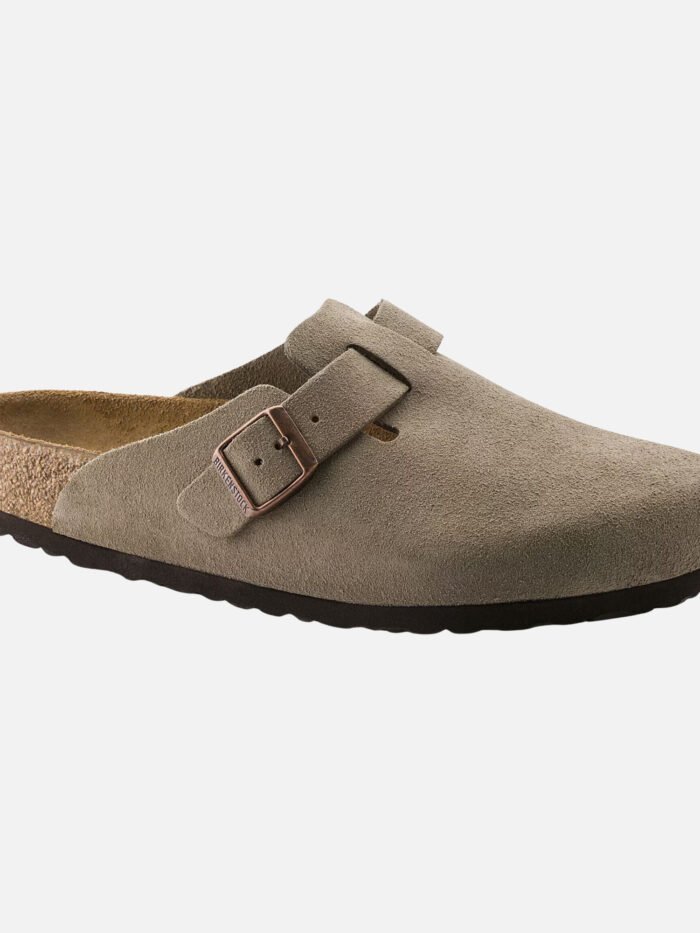 Birkenstock Boston Zoccoli Unisex in Camoscio Tortora - zoccolo in camoscio grigio-beige con cinturino regolabile